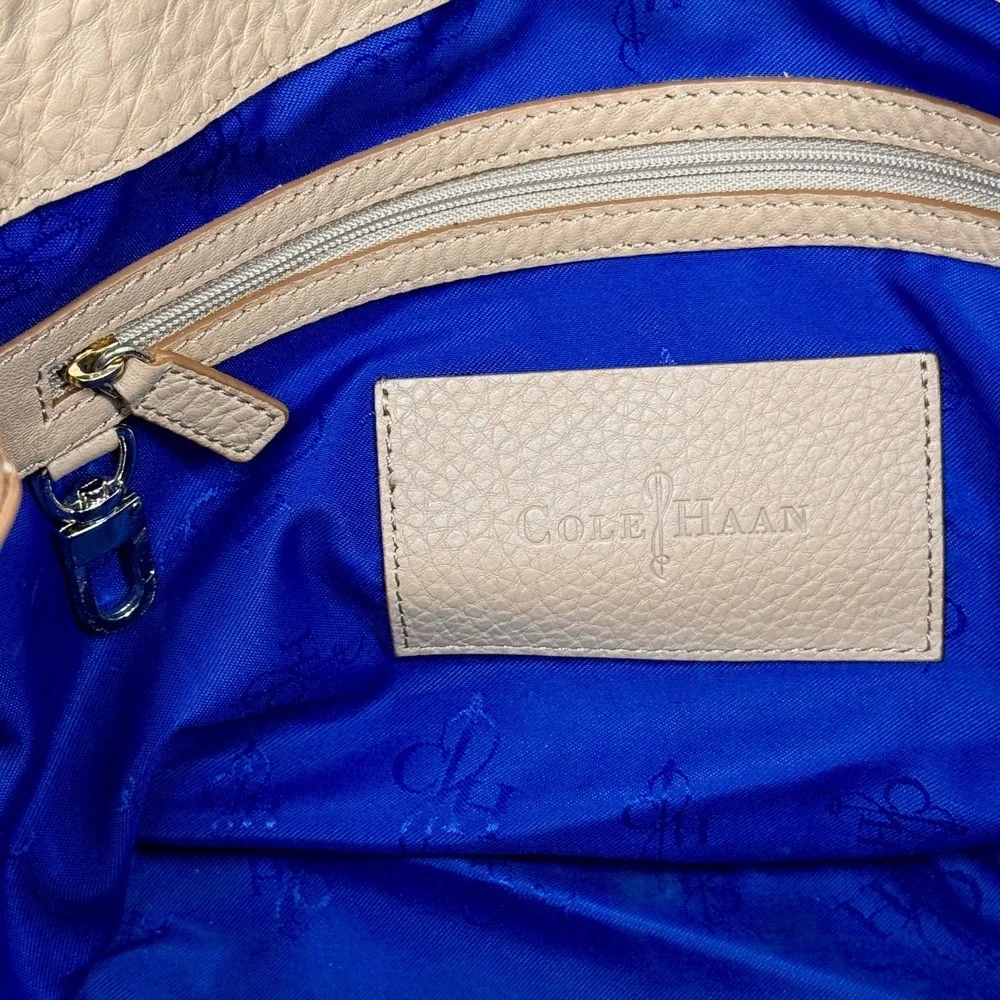 Cole Haan Satchel Beige Pebbled Leather Triple Zip Compartments Medium
